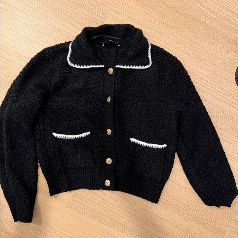 Mango Black Knit Cardigan with Gold Button